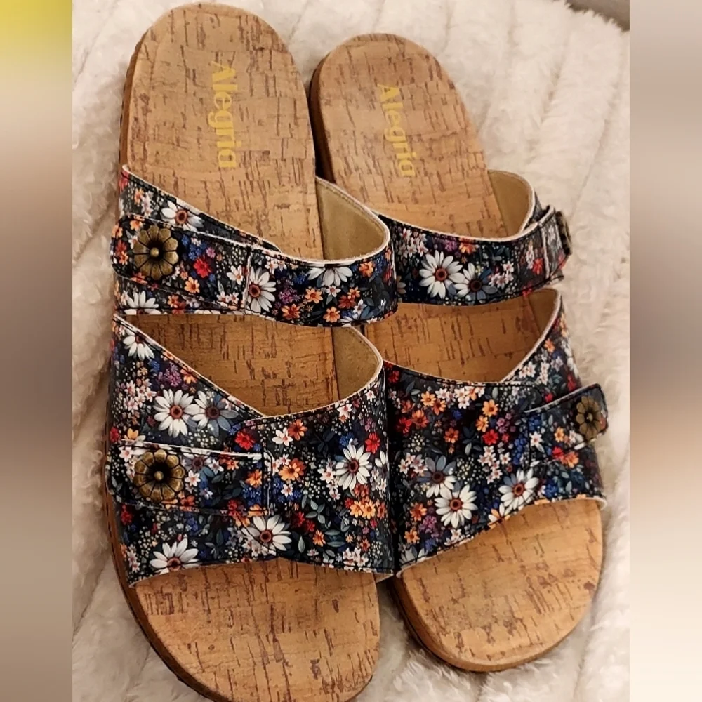 Alegria Floral Double Buckle Platform Slip On Sandals - Picture 3 of 6